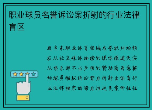 职业球员名誉诉讼案折射的行业法律盲区