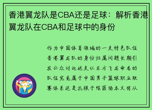 香港翼龙队是CBA还是足球：解析香港翼龙队在CBA和足球中的身份