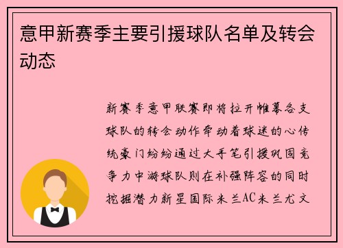 意甲新赛季主要引援球队名单及转会动态