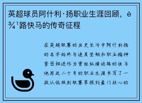 英超球员阿什利·扬职业生涯回顾，边路快马的传奇征程